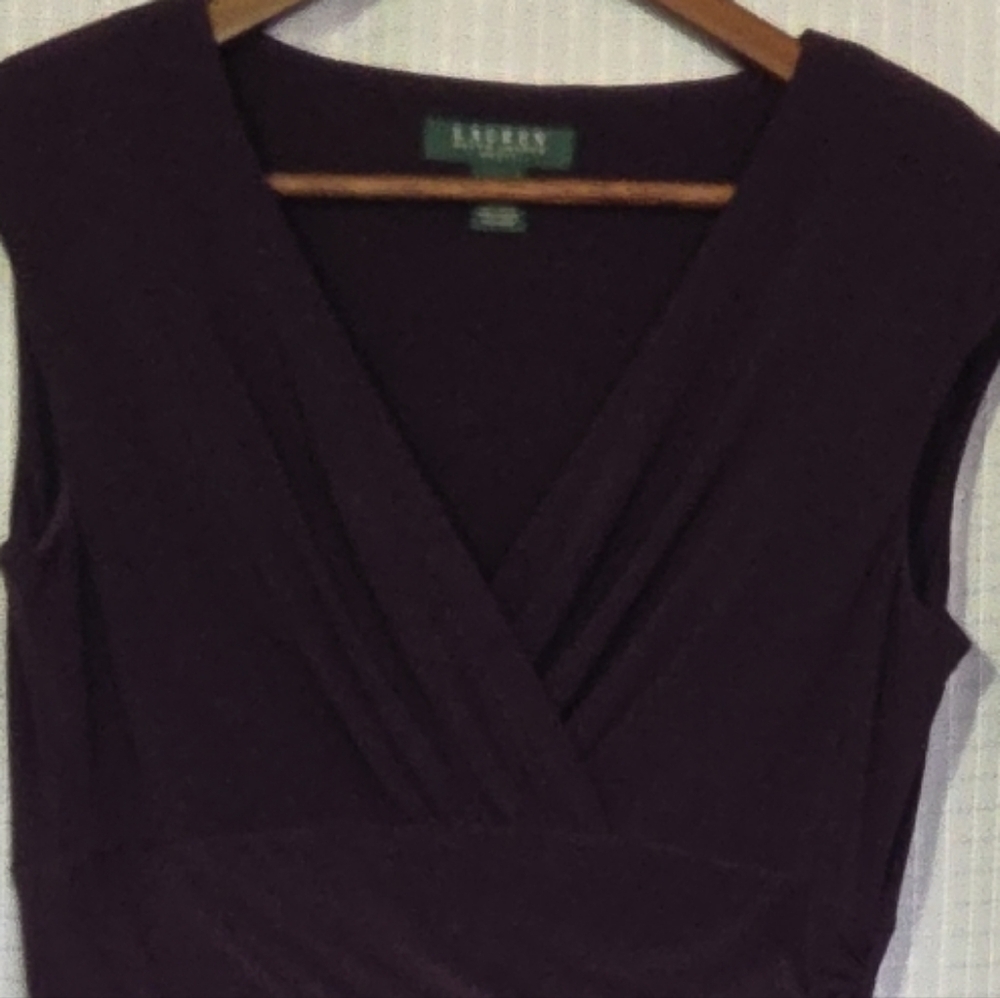 Lauren Ralph Lauren Dress Size 8 Faux Wrap Ruched V Neck Purple Dress - Picture 3 of 9